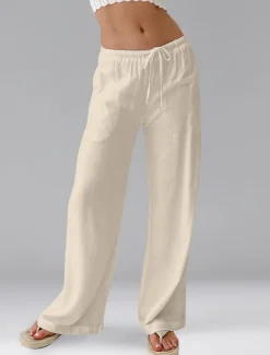 Best Women's Cotton Linen Shorts Linen-Inspired Pants Cotton Linen Pants Casual Full Length Natural Elastic Waistband Elastic Drawstring Design Inelastic milk white carmine Deep Green Cuticolor Spring Fall Women Pants