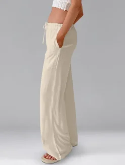 Best Women's Cotton Linen Shorts Linen-Inspired Pants Cotton Linen Pants Casual Full Length Natural Elastic Waistband Elastic Drawstring Design Inelastic milk white carmine Deep Green Cuticolor Spring Fall Women Pants