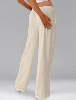 Best Women's Cotton Linen Shorts Linen-Inspired Pants Cotton Linen Pants Casual Full Length Natural Elastic Waistband Elastic Drawstring Design Inelastic milk white carmine Deep Green Cuticolor Spring Fall Women Pants