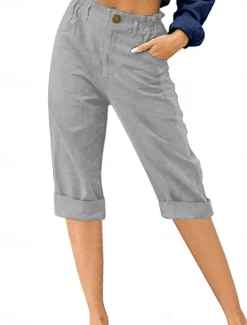Hot Women's Cotton Linen Shorts Linen-Inspired Pants Cotton Linen Pants Fashion Streetwear Calf-Length Medium Waist Plain Pocket Comfy Soft Comfortable Micro-elastic Outdoor Street Black Sky Blue Khaki Women Pants