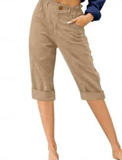 Hot Women's Cotton Linen Shorts Linen-Inspired Pants Cotton Linen Pants Fashion Streetwear Calf-Length Medium Waist Plain Pocket Comfy Soft Comfortable Micro-elastic Outdoor Street Black Sky Blue Khaki Women Pants