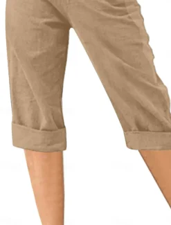 Hot Women's Cotton Linen Shorts Linen-Inspired Pants Cotton Linen Pants Fashion Streetwear Calf-Length Medium Waist Plain Pocket Comfy Soft Comfortable Micro-elastic Outdoor Street Black Sky Blue Khaki Women Pants