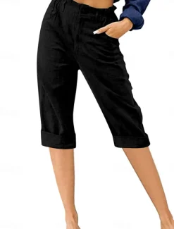 Hot Women's Cotton Linen Shorts Linen-Inspired Pants Cotton Linen Pants Fashion Streetwear Calf-Length Medium Waist Plain Pocket Comfy Soft Comfortable Micro-elastic Outdoor Street Black Sky Blue Khaki Women Pants