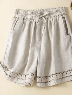 Best Women's Cotton Linen Shorts Shorts Slacks Casual Short Natural Plain Pocket Elastic Drawstring Design Comfy Comfortable Outdoor Going out Black Ginger Green almond Summer Regular Fit Women Pants