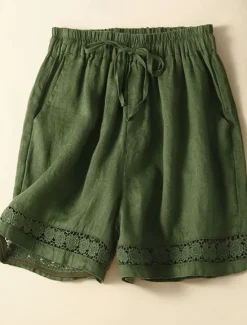 Best Women's Cotton Linen Shorts Shorts Slacks Casual Short Natural Plain Pocket Elastic Drawstring Design Comfy Comfortable Outdoor Going out Black Ginger Green almond Summer Regular Fit Women Pants