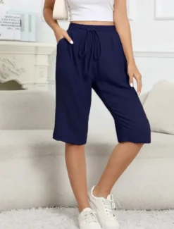 Discount Women's Cotton Linen Shorts Shorts Lightweight Casual Knee Length Mid Rise Plain Pocket Drawstring Breathability Comfortable Inelastic Casual Daily Weekend Navy Black White Khaki Summer Spring Women Pants