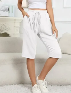 Discount Women's Cotton Linen Shorts Shorts Lightweight Casual Knee Length Mid Rise Plain Pocket Drawstring Breathability Comfortable Inelastic Casual Daily Weekend Navy Black White Khaki Summer Spring Women Pants