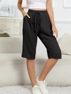 Discount Women's Cotton Linen Shorts Shorts Lightweight Casual Knee Length Mid Rise Plain Pocket Drawstring Breathability Comfortable Inelastic Casual Daily Weekend Navy Black White Khaki Summer Spring Women Pants