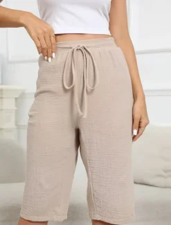 Discount Women's Cotton Linen Shorts Shorts Lightweight Casual Knee Length Mid Rise Plain Pocket Drawstring Breathability Comfortable Inelastic Casual Daily Weekend Navy Black White Khaki Summer Spring Women Pants