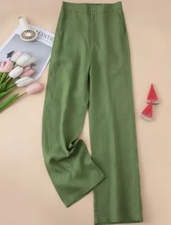 Outlet Women's Cotton Linen Wide Leg Chinos Ethnic Style Basic Casual Full Length Medium Waist Plain Pocket Comfort Outdoor Inelastic Causal Daily Black White Green Khaki Summer Spring Regular Fit Women Pants|Pants