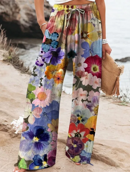 Discount Women's Cotton Linen Wide Leg Chinos Baggy Pants Active Vacation Full Length High Waist Floral Elastic Waistband Printing Comfy Soft Comfortable Micro-elastic Outdoor Street Navy-blue Royal Blue Women Pants
