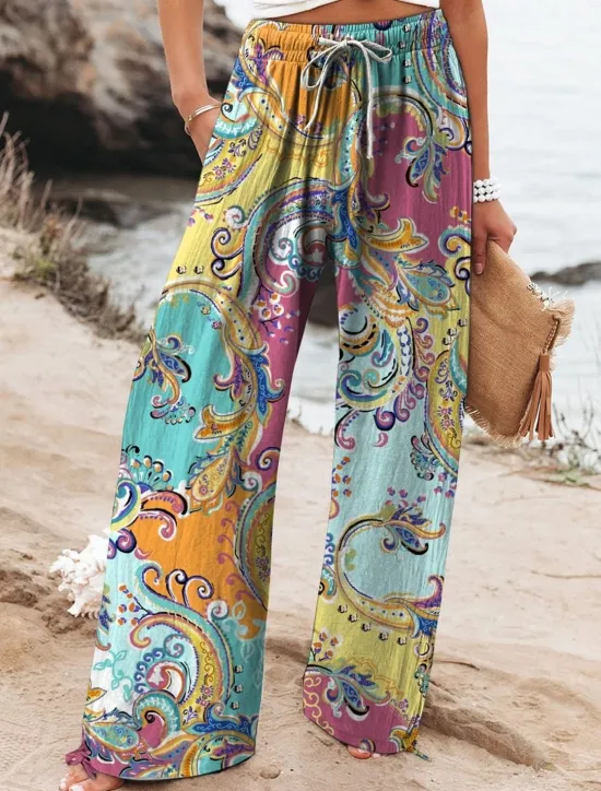 Discount Women's Cotton Linen Wide Leg Chinos Baggy Pants Active Vacation Full Length High Waist Floral Elastic Waistband Printing Comfy Soft Comfortable Micro-elastic Outdoor Street Navy-blue Royal Blue Women Pants