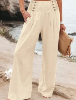 Outlet Women's Cotton Linen Wide Leg Solid Color Chinos Baggy Pants Basic Casual Full Length High Waist Plain Elastic Waistband Comfy Soft Comfortable Micro-elastic Outdoor Street Beach Women Pants|Pants