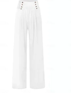 Outlet Women's Cotton Linen Wide Leg Solid Color Chinos Baggy Pants Basic Casual Full Length High Waist Plain Elastic Waistband Comfy Soft Comfortable Micro-elastic Outdoor Street Beach Women Pants|Pants