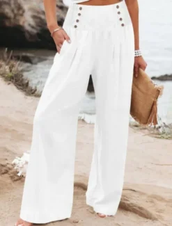 Outlet Women's Cotton Linen Wide Leg Solid Color Chinos Baggy Pants Basic Casual Full Length High Waist Plain Elastic Waistband Comfy Soft Comfortable Micro-elastic Outdoor Street Beach Women Pants|Pants