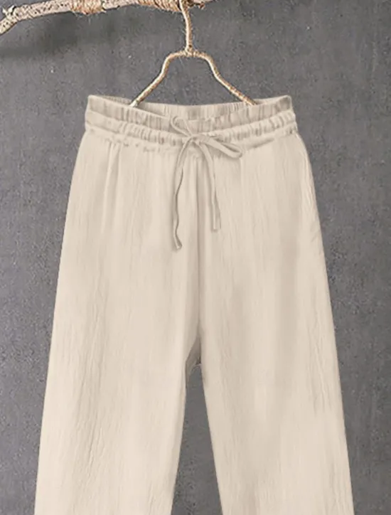 Women's Cotton Linen Wide Leg Solid Color Chinos Baggy Pants Basic Casual Full Length High Waist Plain Drawstring Comfort Outdoor Micro-elastic Vacation Street Daily Black White Blue Khaki Women Pants