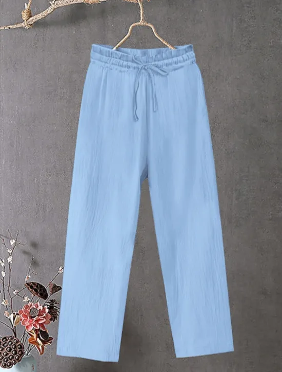 Women's Cotton Linen Wide Leg Solid Color Chinos Baggy Pants Basic Casual Full Length High Waist Plain Drawstring Comfort Outdoor Micro-elastic Vacation Street Daily Black White Blue Khaki Women Pants