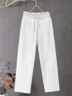 Women's Cotton Linen Wide Leg Solid Color Chinos Baggy Pants Basic Casual Full Length High Waist Plain Drawstring Comfort Outdoor Micro-elastic Vacation Street Daily Black White Blue Khaki Women Pants
