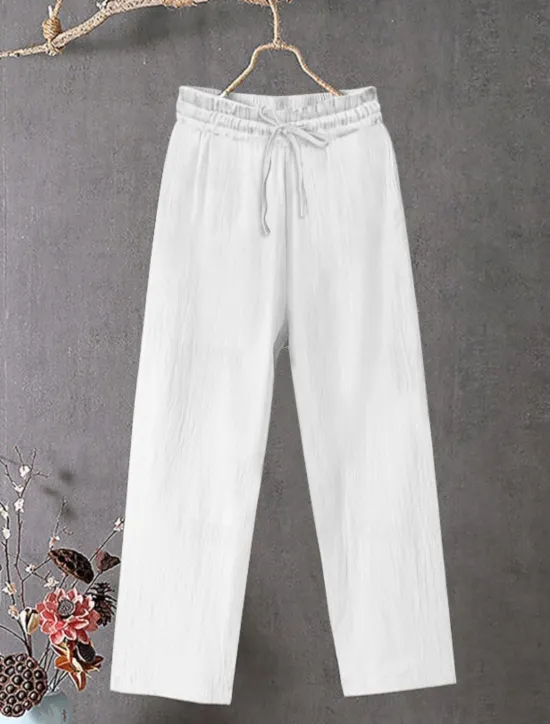 Women's Cotton Linen Wide Leg Solid Color Chinos Baggy Pants Basic Casual Full Length High Waist Plain Drawstring Comfort Outdoor Micro-elastic Vacation Street Daily Black White Blue Khaki Women Pants