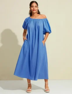 Hot Women's Cotton Maxi Dress Casual Resort Wear Vacation Dress Green Loose Fit Off-Shoulder Puff Sleeve A line Summer Dress Women Casual Dress