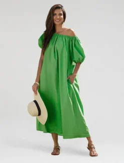 Hot Women's Cotton Maxi Dress Casual Resort Wear Vacation Dress Green Loose Fit Off-Shoulder Puff Sleeve A line Summer Dress Women Casual Dress