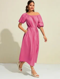 Hot Women's Cotton Maxi Dress Casual Resort Wear Vacation Dress Green Loose Fit Off-Shoulder Puff Sleeve A line Summer Dress Women Casual Dress