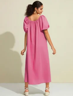 Hot Women's Cotton Maxi Dress Casual Resort Wear Vacation Dress Green Loose Fit Off-Shoulder Puff Sleeve A line Summer Dress Women Casual Dress
