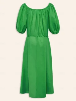 Hot Women's Cotton Maxi Dress Casual Resort Wear Vacation Dress Green Loose Fit Off-Shoulder Puff Sleeve A line Summer Dress Women Casual Dress