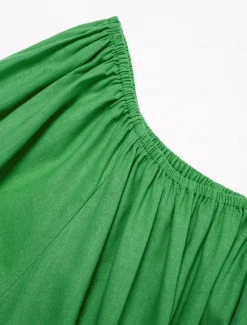 Hot Women's Cotton Maxi Dress Casual Resort Wear Vacation Dress Green Loose Fit Off-Shoulder Puff Sleeve A line Summer Dress Women Casual Dress