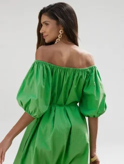 Hot Women's Cotton Maxi Dress Casual Resort Wear Vacation Dress Green Loose Fit Off-Shoulder Puff Sleeve A line Summer Dress Women Casual Dress