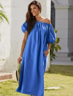 Hot Women's Cotton Maxi Dress Casual Resort Wear Vacation Dress Green Loose Fit Off-Shoulder Puff Sleeve A line Summer Dress Women Casual Dress