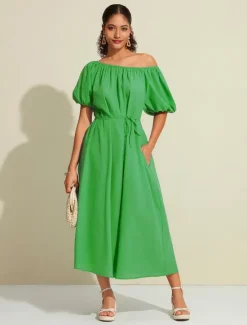 Hot Women's Cotton Maxi Dress Casual Resort Wear Vacation Dress Green Loose Fit Off-Shoulder Puff Sleeve A line Summer Dress Women Casual Dress