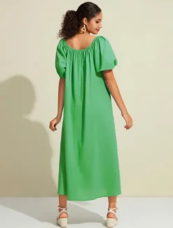 Hot Women's Cotton Maxi Dress Casual Resort Wear Vacation Dress Green Loose Fit Off-Shoulder Puff Sleeve A line Summer Dress Women Casual Dress