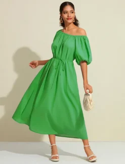 Hot Women's Cotton Maxi Dress Casual Resort Wear Vacation Dress Green Loose Fit Off-Shoulder Puff Sleeve A line Summer Dress Women Casual Dress