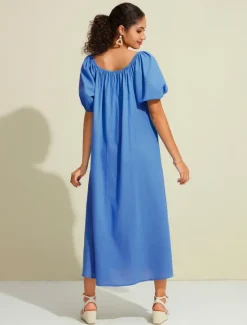 Hot Women's Cotton Maxi Dress Casual Resort Wear Vacation Dress Green Loose Fit Off-Shoulder Puff Sleeve A line Summer Dress Women Casual Dress