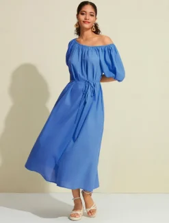 Hot Women's Cotton Maxi Dress Casual Resort Wear Vacation Dress Green Loose Fit Off-Shoulder Puff Sleeve A line Summer Dress Women Casual Dress