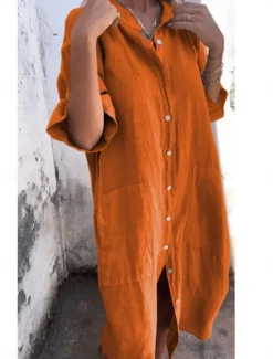 Hot Women's Cotton Midi Dress Athletic Dress Casual Cocktail Office Date Regular Fit Plain Half Sleeve Shirt Collar Black Red Blue Orange Summer Women Dresses