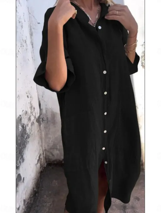Hot Women's Cotton Midi Dress Athletic Dress Casual Cocktail Office Date Regular Fit Plain Half Sleeve Shirt Collar Black Red Blue Orange Summer Women Dresses