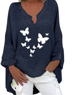 Online Women's Cotton Shirts Butterfly Stylish Basic Casual Long Sleeve V Neck Regular Tops Daily Print Black Navy Blue Sky Blue Summer Winter Women Shirts