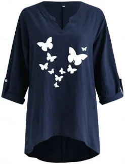 Online Women's Cotton Shirts Butterfly Stylish Basic Casual Long Sleeve V Neck Regular Tops Daily Print Black Navy Blue Sky Blue Summer Winter Women Shirts