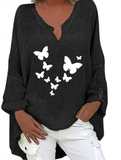 Online Women's Cotton Shirts Butterfly Stylish Basic Casual Long Sleeve V Neck Regular Tops Daily Print Black Navy Blue Sky Blue Summer Winter Women Shirts