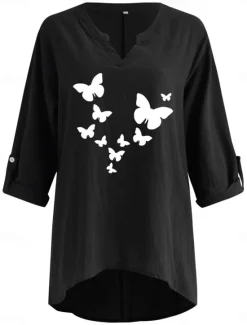 Online Women's Cotton Shirts Butterfly Stylish Basic Casual Long Sleeve V Neck Regular Tops Daily Print Black Navy Blue Sky Blue Summer Winter Women Shirts