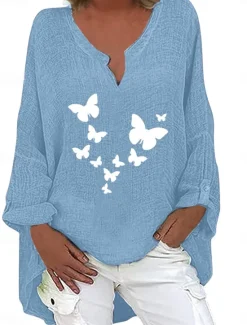Online Women's Cotton Shirts Butterfly Stylish Basic Casual Long Sleeve V Neck Regular Tops Daily Print Black Navy Blue Sky Blue Summer Winter Women Shirts