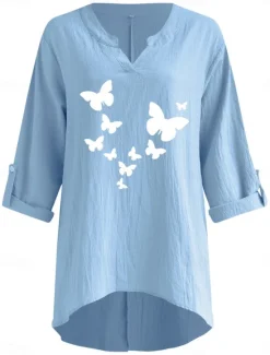 Online Women's Cotton Shirts Butterfly Stylish Basic Casual Long Sleeve V Neck Regular Tops Daily Print Black Navy Blue Sky Blue Summer Winter Women Shirts