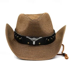 Sale Women's Cowboy Hats Ethnic Style Straw Panama Hat Belt Cow Decorate Western Hats Women Hats