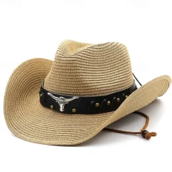 Sale Women's Cowboy Hats Ethnic Style Straw Panama Hat Belt Cow Decorate Western Hats Women Hats