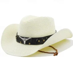 Sale Women's Cowboy Hats Ethnic Style Straw Panama Hat Belt Cow Decorate Western Hats Women Hats