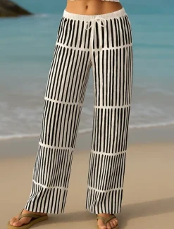 Hot Women's Culottes Wide Leg Vacation Vintage Ethnic Style Full Length High Waist Geometric Abstract Patchwork Drawstring Printing Quick Dry Breathability Soft Inelastic Formal Outdoor Vacation Black Women Pants