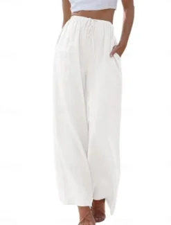 Online Women's Culottes Wide Leg Cotton Linen Pants Chinos Fashion Basic Full Length Medium Waist Plain Pocket Drawstring Comfort Outdoor Micro-elastic Vacation Street Daily Apricot Dark Gray Black White Women Pants