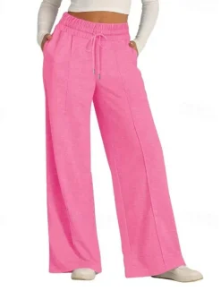 Discount Women's Culottes Wide Leg Slacks Pants Trousers Streetwear Casual Full Length Natural Plain Pocket Elastic Drawstring Design Comfy Outdoor Street Going out Magenta Apricot Dark Brown Black Summer Women Pants